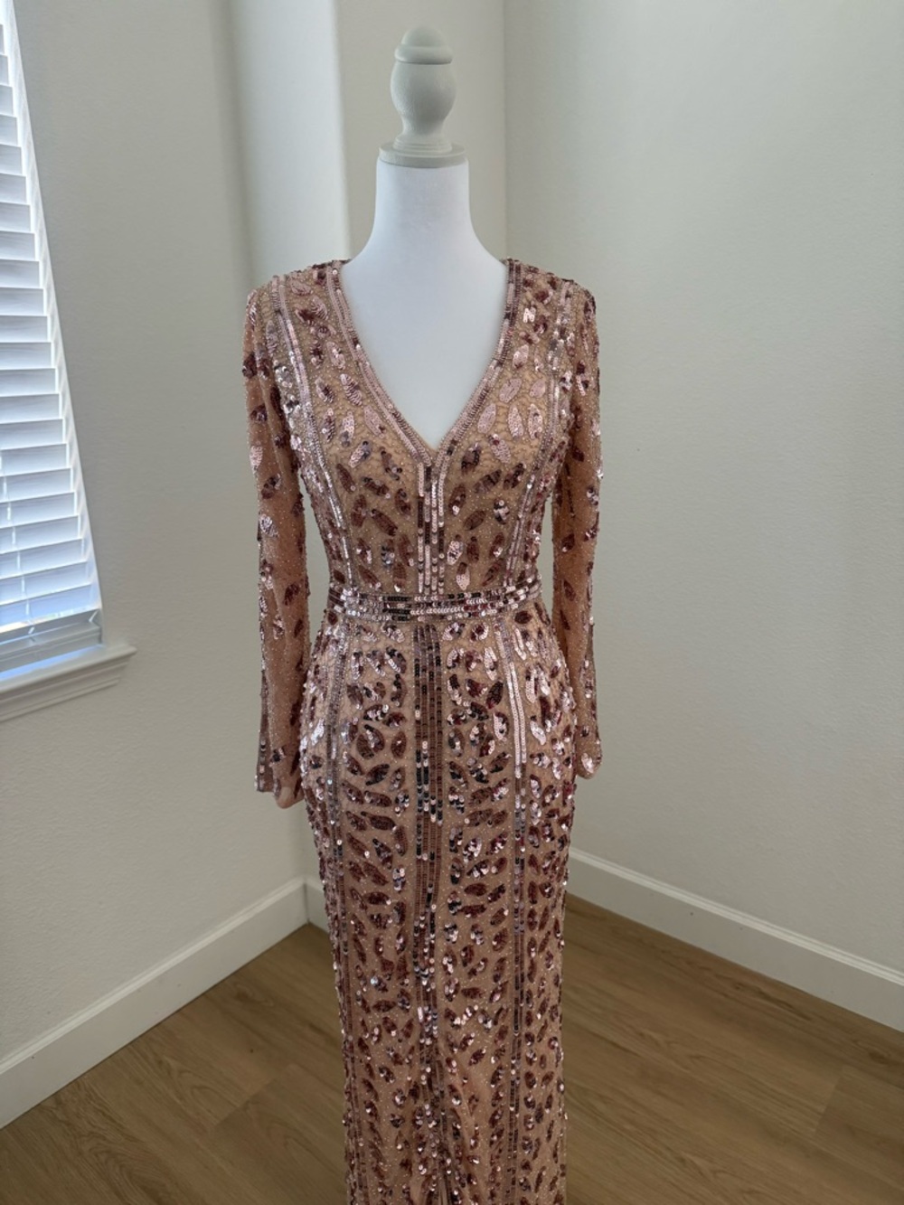 Mac Duggal Rose Gold Sequin V-Neck Long Sleeve Gown - Picture 6 of 6